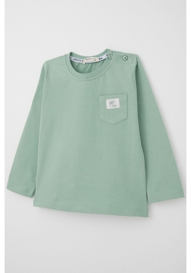 Breeze Erkek Bebek Uzun Kollu Tişört Cep Detaylı Cool Yazı Armalı 9 Ay-3 Yaş, Su Yeşili Su Yeşili