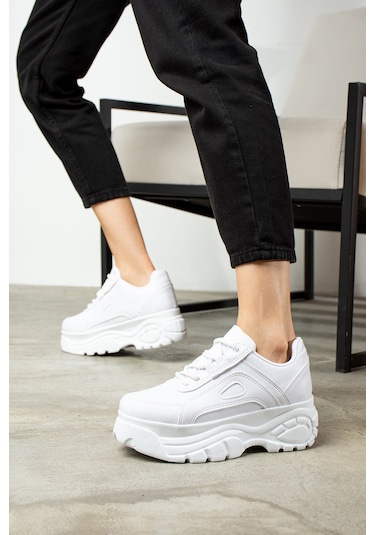Günlük Kadın Spor Ayakkabı Yüksek Kalın Taban 6 Cm Suni Deri Sneaker 001 Beyaz