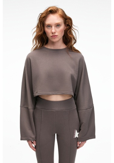 ANOUK Kadın Pamuklu Baskı Ve Patch Detaylı Bisiklet Yaka Crop Antrasit Sweatshirt