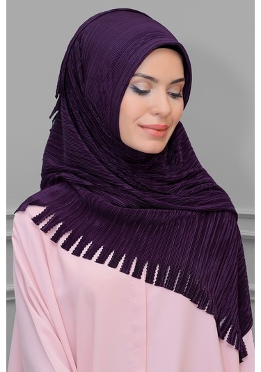 Mürdüm Pratik Hazır Geçmeli Tesettür Eşarp Fukuro Piliseli Saçakl (545491449) Mürdüm