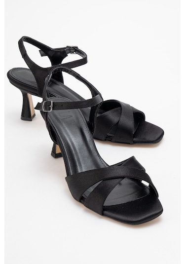 Melin Siyah Saten Çapraz Bantlı Kadın Topuklu Ayakkabı Saten Siyah