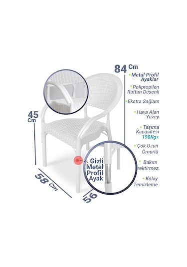 Bahex Bambu 4lü Set Rattan Kollu Bahçe Sandalye Koltuk 4ad Beyaz