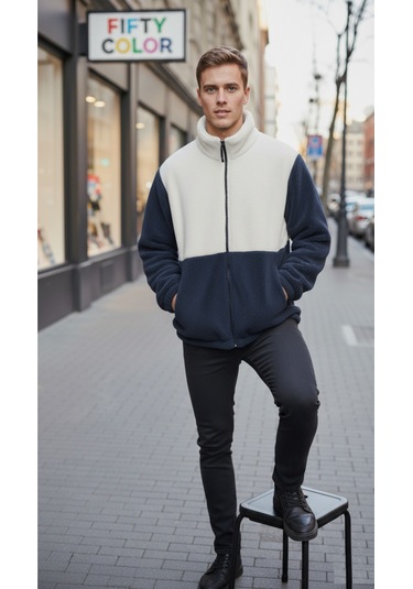Premium Kalite Renk Bloklu, Fermuarlı, Dik Yaka, Sherpa, Polar, Peluş Ceket Lacivert - Beyaz