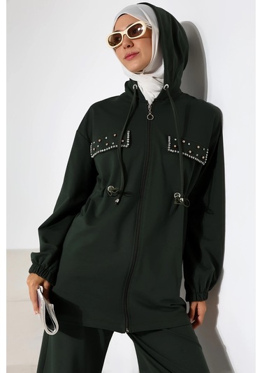 Kadın Mevsimlik Penye Alt Üst Spor Ve Rahat Haki Ikili Tunik Pantolon Şık Tesettür Takım Haki