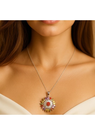 Gümüş Renk Güneş Mix Sf Zincir Çelik Kolye Gümüş