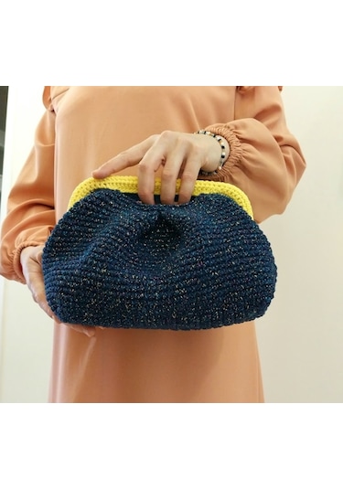 Parlak Tutmalı El Çantaları , El Yapımı Işıltılı Clutch, Örgü El Çantası Lacivert