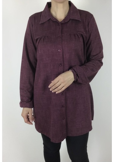 Mevsimlik Kolları Lastikli Boydan Düğmeli Gömlek Fuşya