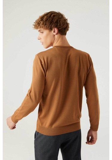 Regular Fit Camel Tüylenme Yapmayan Bisiklet Yaka Triko Kazak Camel