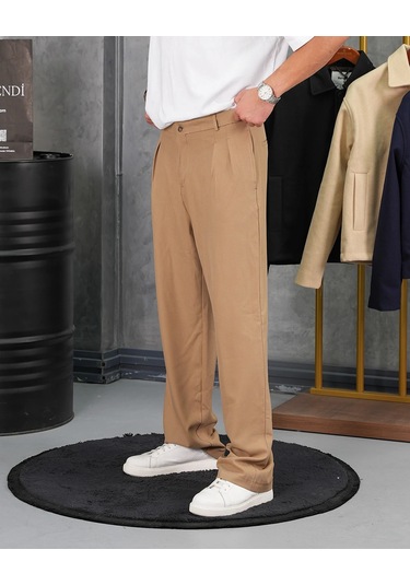 Modefendi Baggy Kalıp Pile Detaylı Kumaş Pantolon Camel