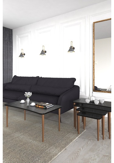 Aleyna 5li Orta Sehpa ve Zigon Sehpa Ahşap Ayaklı – Siyah Mermer