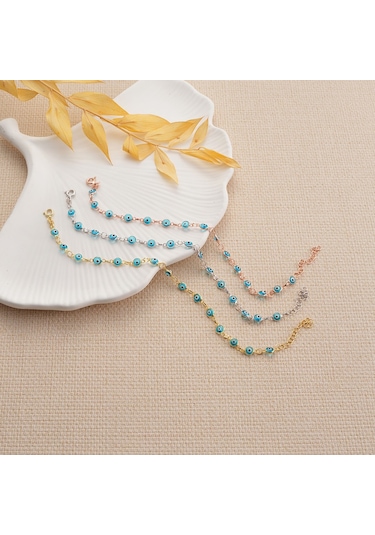 Queen Silver Jewelry 925 Ayar Gümüş Sıralı Nazar Boncuklu Bileklik Altın