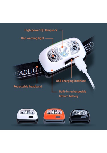 Vkemall Usb Şarjlı Akıllı Sensörlü Kafa Lambası, Dış Mekan Kullanıma Uygun, 350 Lümen, 90 Derece Ayarlanabilir, 3 Vites + Sos, Su Geçirmez Beyaz Beyaz