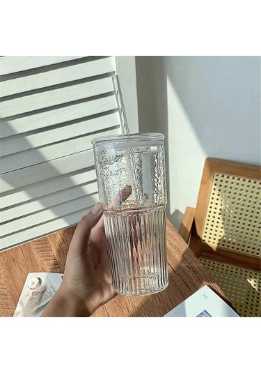 600 Ml Cam Bardak Sütlü Kahve Fincanı Kapaklı Ve Pipetli Şeffaf Çizgili Su Bardağı Kupa İçme Bardağı Kdo Kdo