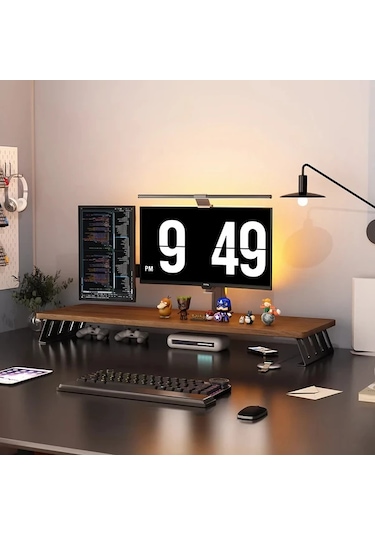Motion003 Ergonomik Ahşap Monitör Standı Yükseltici Bej Çerçeve Kütük Tahta 50 Cm Büyük Çift Ekran Masa Rafı L Şeklinde Bacaklı