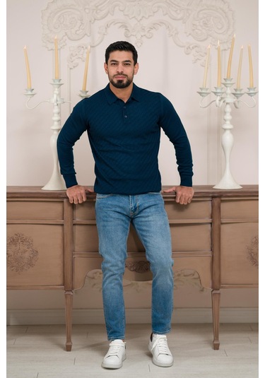 Woolen World Polo Yaka Slimfit Desenli Yünlü Erkek Triko Kazak İndigo