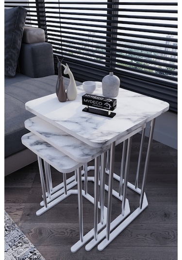 3' Lü Kare Zigon Sehpa Gümüş Ayak Beyaz Mermer Desen 18 Mm Mdf Gümüş - Beyaz Mermer