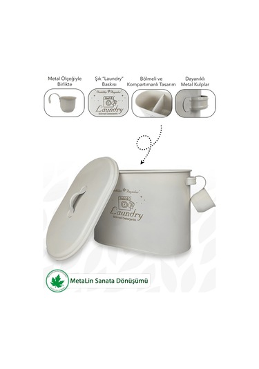 Bölmeli Metal Kapaklı Ölçekli Deterjanlık, Toz Deterjanlık Saklama, Banyo Düzenleyici, Laundry Baskılı Ln1258 - Krem Bej