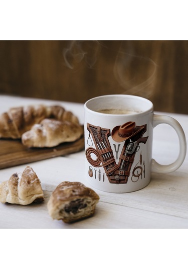 V Harfi Kovboy Temalı Bardak 330 Ml İsim / Harf Kişiye Özel Hediye - Vahşi Batı Konsept Beyaz