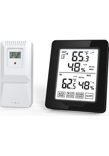 Jeehugo Dijital Hava İstasyonu: İç/ Dış Sıcaklık Nem Ölçer, Maks/ Min Kayıt, Sıcaklık Trendi, Alarm Fonksiyonu, Beyaz Arka Işık - Pil Yok Siyah