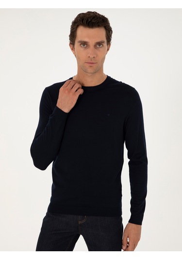 Cacharel Lacivert Slim Fit Yün Karışımlı Bisiklet Yaka Basic Triko Kazak