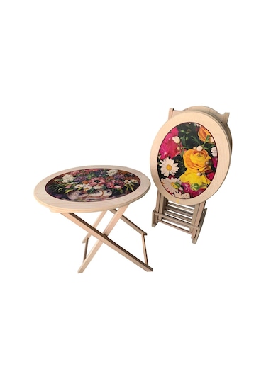 Oval Çanta Zigon Sehpa 4'Lü Resimli-Boyasız(Hâm)Tamamı Ahşap