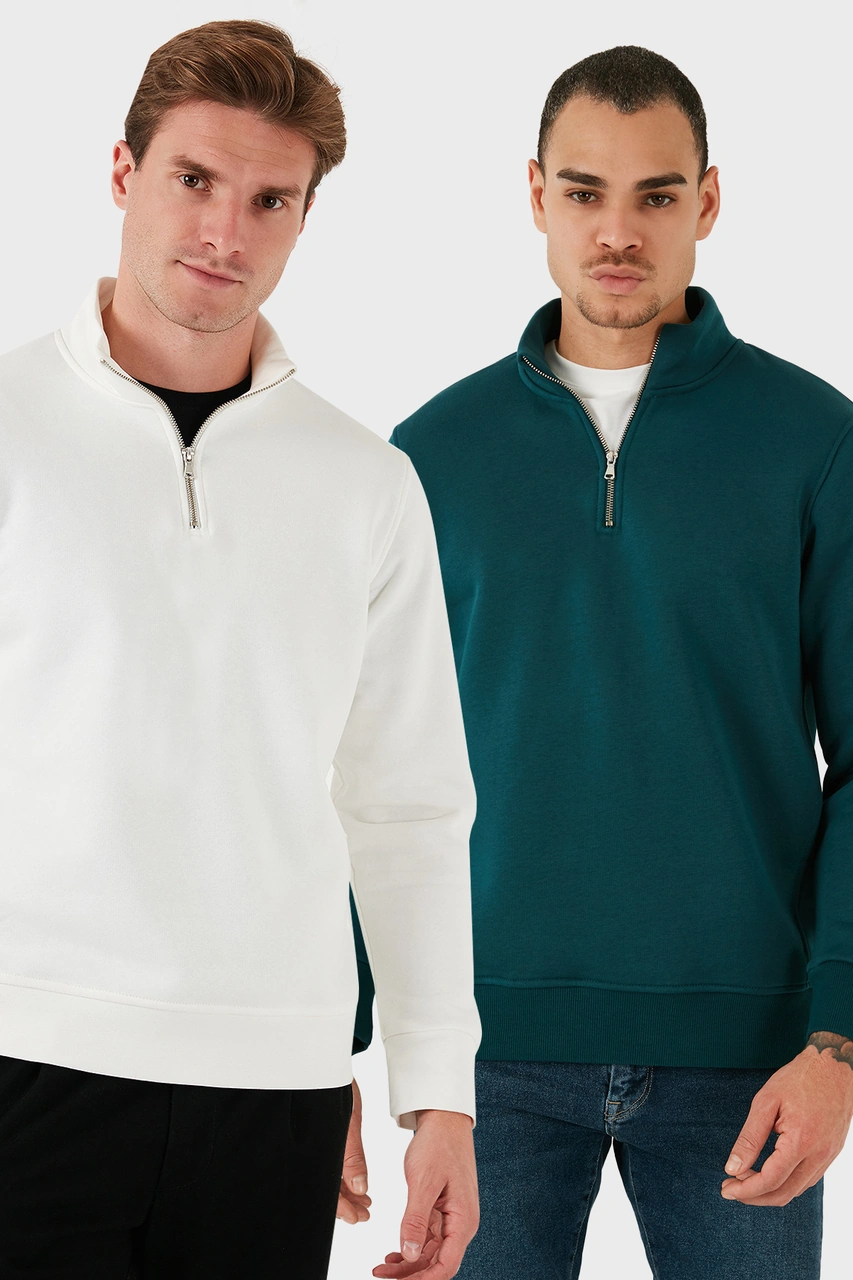 Buratti Pamuklu Regular Fit Dik Yaka 2'Li Paket Erkek Sweat 59052592S2 Ekru-Petrol