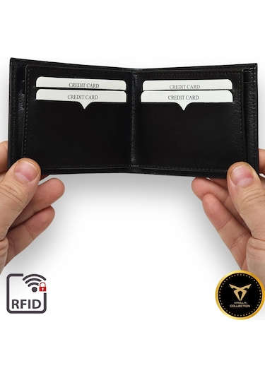 Premium Kalite Erkek Siyah Deri Cüzdan Bozuk Para Bölmeli 9 Kart Kapasiteli Siyah
