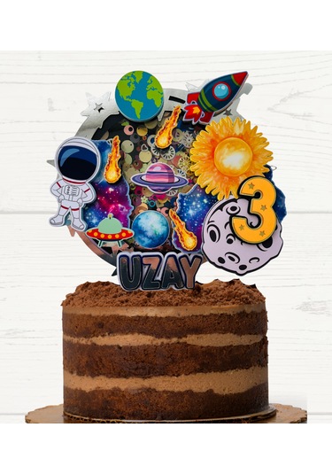 Uzay Temalı İsme Özel Erkek Çocuk Doğum Günü Pasta Süsü