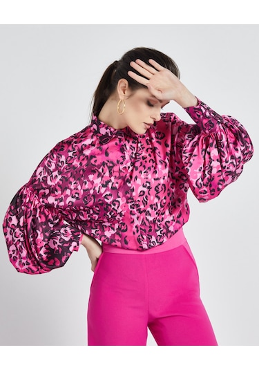 Kadın Leopar Desenli Gömlek - Balon Kol - Saten - Modern Ve Şık Tasarım - Günlük Ve Özel Gün Kullanımı İçin Gömlek Fuşya