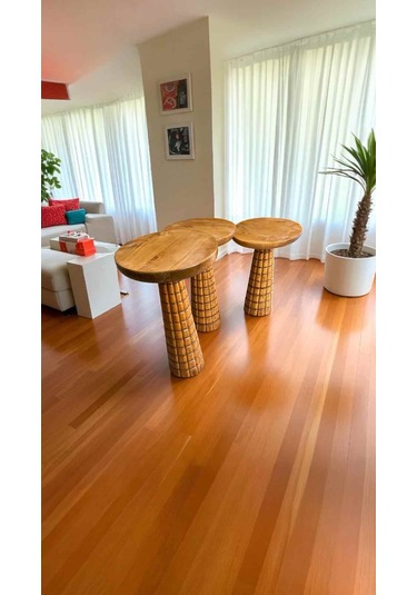 Masif Ahşap Zigon Sehpa Seti 3'lü Tik Renk Mantar Tasarım