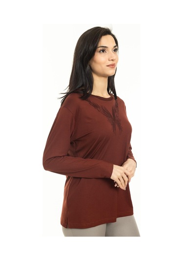 Yeni Sezon Kadın Orta Yaş ve Üzeri Yeni Desen Triko Yaka Likralı Anne Penye Bluz 30520-taba Taba