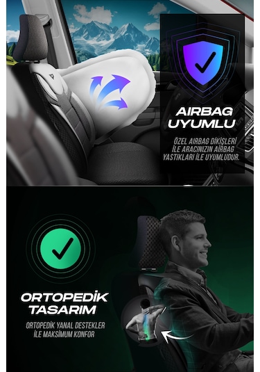 Siyah - Gri Garni Panda Dragon Serisi Dokuma Kumaş Oto Koltuk Kılıfı - Tam Set