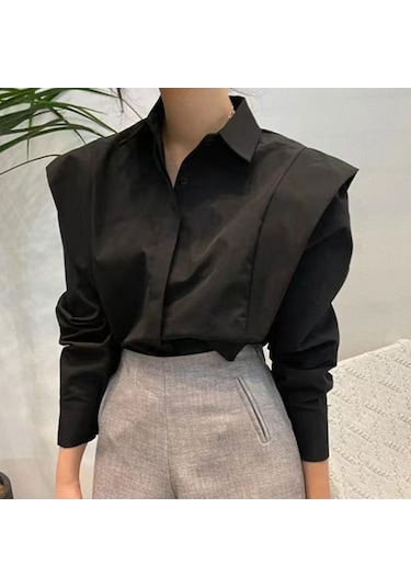 Novahub Kore Şık Vintage Basit Gömlek Turn Down Yaka Düğmesi Ruffles Sonbahar Uzun Kollu Gömlek Kadın Bluz Gevşek Giysiler Tops 28471 Siyah - M Siyah