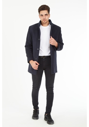 Sposo 1739 Düğmeli Hakim Yaka Yünlü Kaşe Lacivert Erkek Kaban Lacivert Melanj