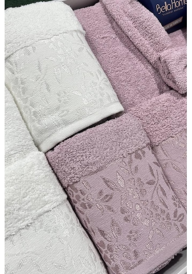 Platin Jakarlı 10 Parça Aile Bornoz Takımı Krem Mürdüm Çok Renkli
