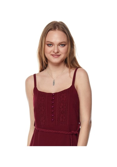 Şile Bezi Bordo Askılı Kemerli Elbise Bordo