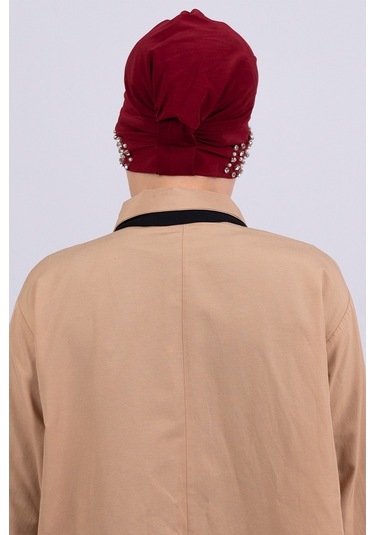 Bordo Pratik Hazır Geçmeli Tesettür Bone Sandy Kumaş Taşlı 1456_1 Bordo