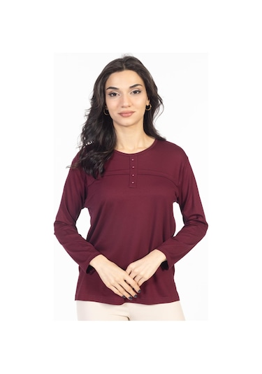 Yeni Sezon 2024 Sade Desen Yuvarlak Yaka Likralı Anne Penye Bluz 6484-vişne Çürüğü Vişne Çürüğü