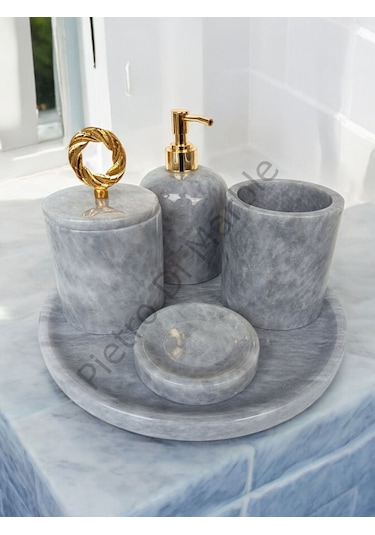 Gri Mermer Klasik Model 5 Parça Gold Renk Halka Aksesuarlı Banyo Seti Gri