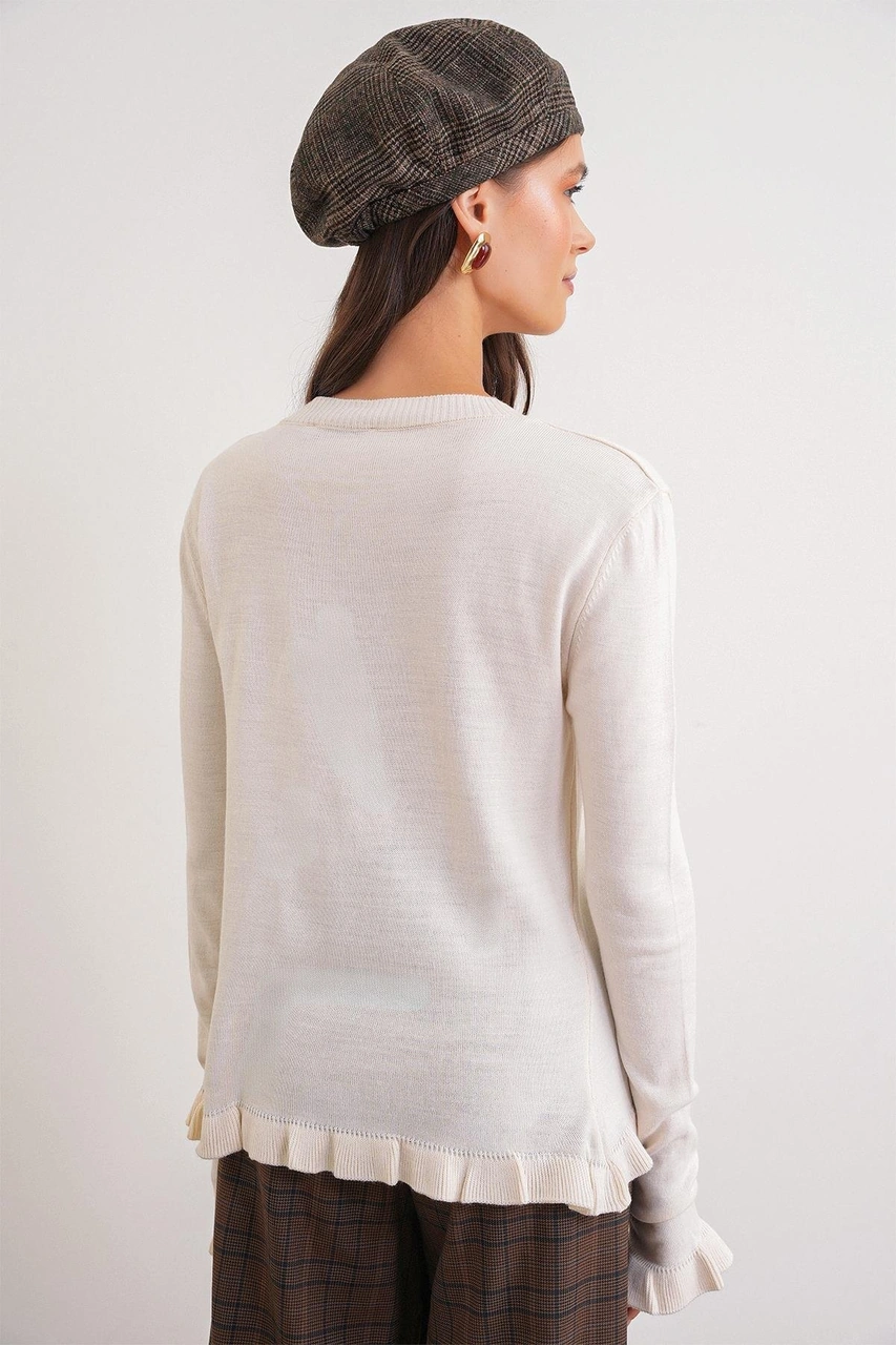 6964 Kadın Düz Fırfırlı Düğmeli Hırka Naturel Naturel