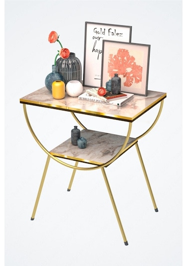 Yan Sehpa Komodin Metal Ayak Çift Gold Efes 1979 Beyaz Mermer Desen