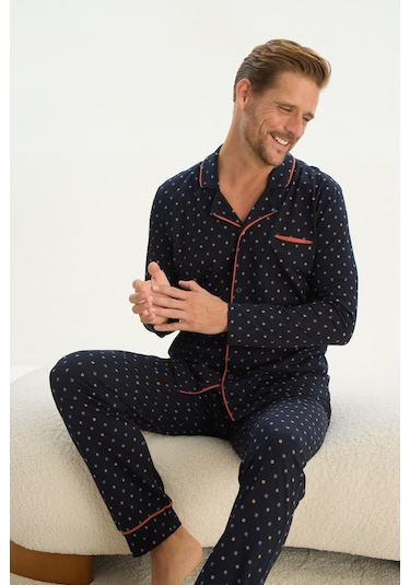 Erkek Uzun Kol Gömlek Yaka Önden Düğmeli Lacivert Pijama Takım C4t1n4o9 001