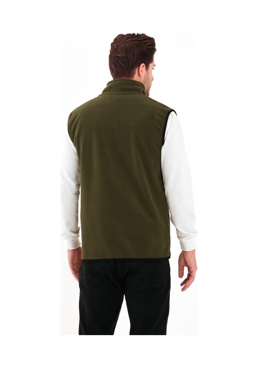 Erkek Tam Fermuarlı Spor Polar Yelek Haki