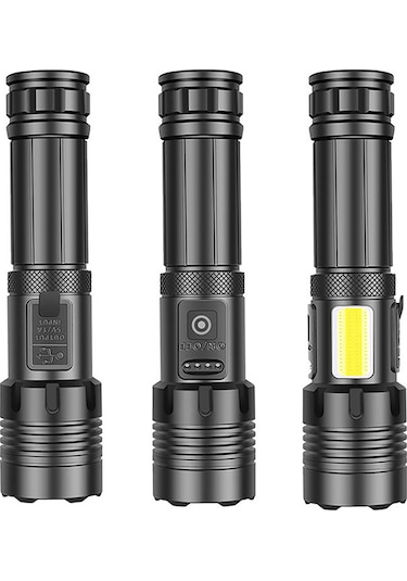 Padalink Güçlü Işık Kamp Feneri, Şarj Edilebilir Acil Durum El Feneri, Xhp70.2 Led, 26650 Pil Seti, Type-c Şarj, Teleskopik Zoom Siyah