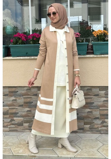 İmge Çizgili Triko Hırka Bej Çok Renkli