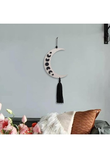Homyl Püsküllü Siyah Göksel Evre Ahşap Duvar Sanatı Hilal