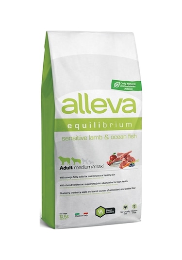 Alleva Sensitive Düşük Tahıllı Kuzu Etli ve Balıklı Medium Maxi Irk Yetişkin Köpek Maması 12 KG