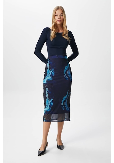 Kadın Dania Astarlı Bel Lastikli Şifon Mavi Midi Kalem Etek Mavi