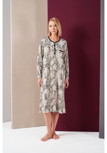 Pjs 26024 Kadın Patlı Dantel Detaylı Desenli Uzun Kol Gecelik Desenli