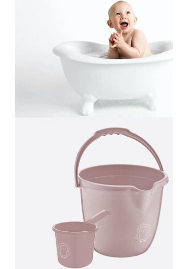 Flosoft Bebek Banyo Su Kovası Ve Maşrapası Seti, Saplı Oluklu Kova 13lt Ve Maşrapa 1,5lt 2 Li Set Pembe